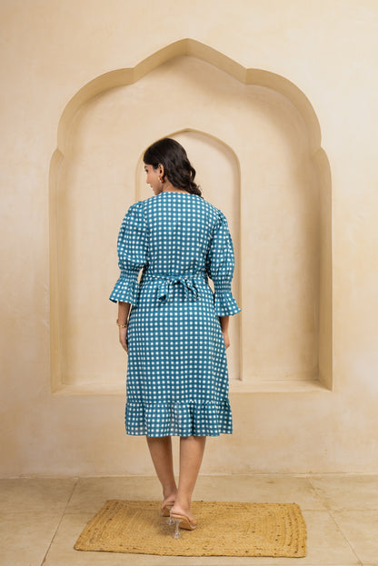 Teal Check Wrap Dress
