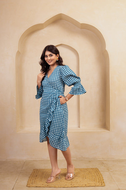 Teal Check Wrap Dress