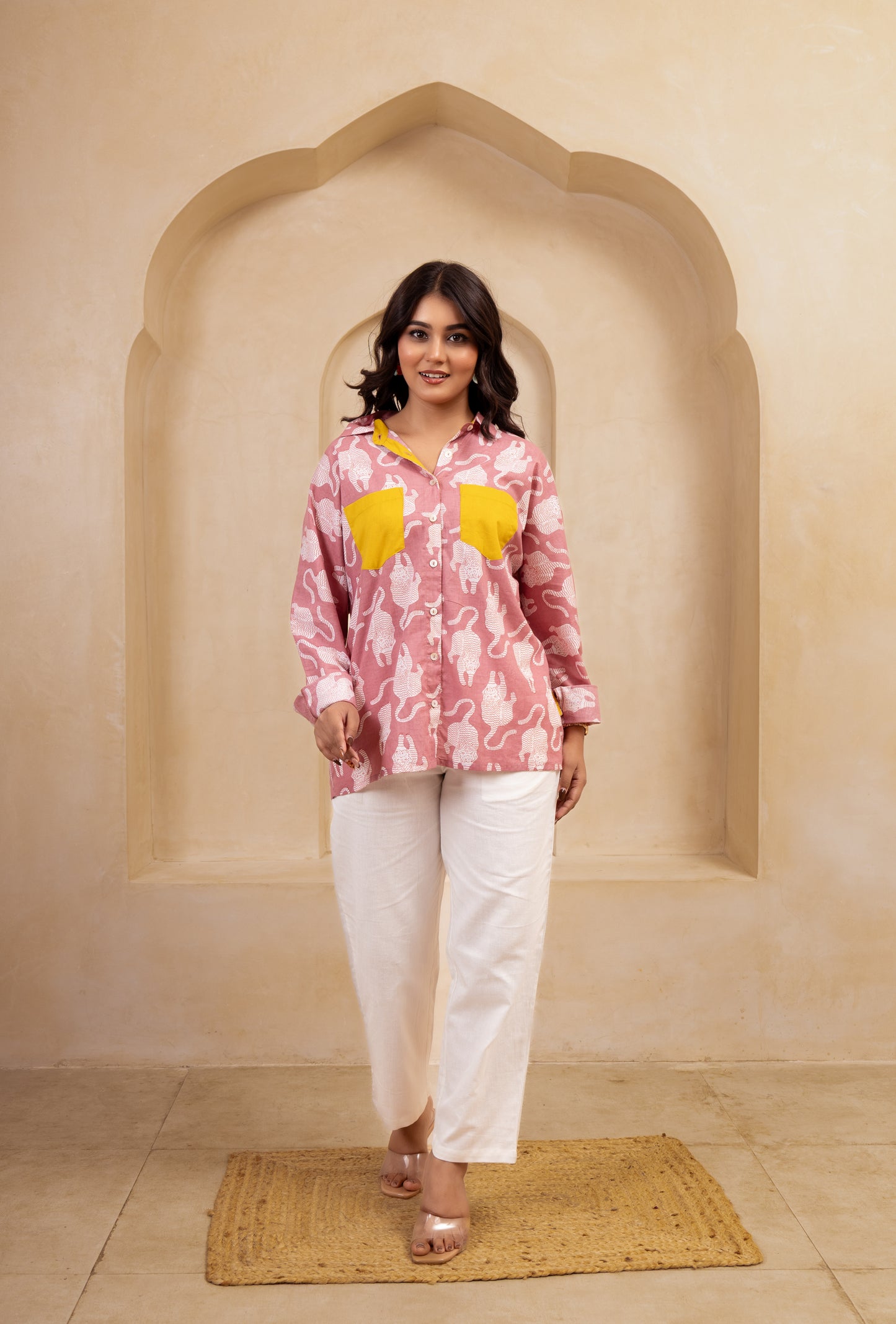Pink Printed Shirt & White Pants Set