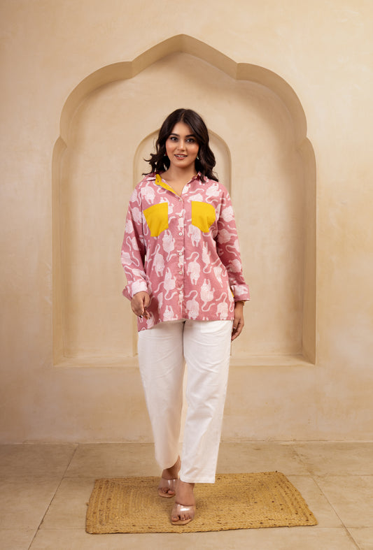 Pink Printed Shirt & White Pants Set