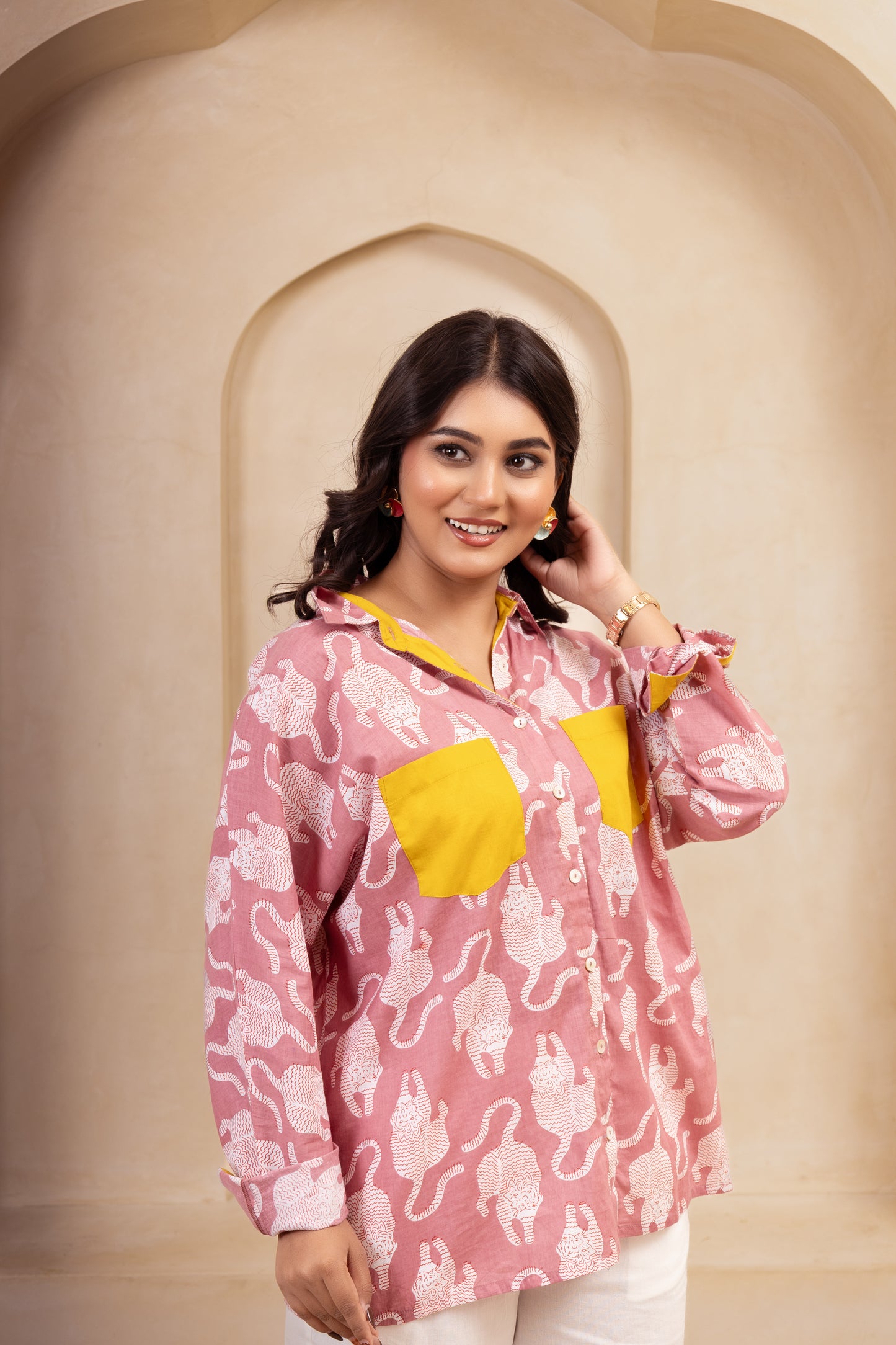 Pink Printed Shirt & White Pants Set