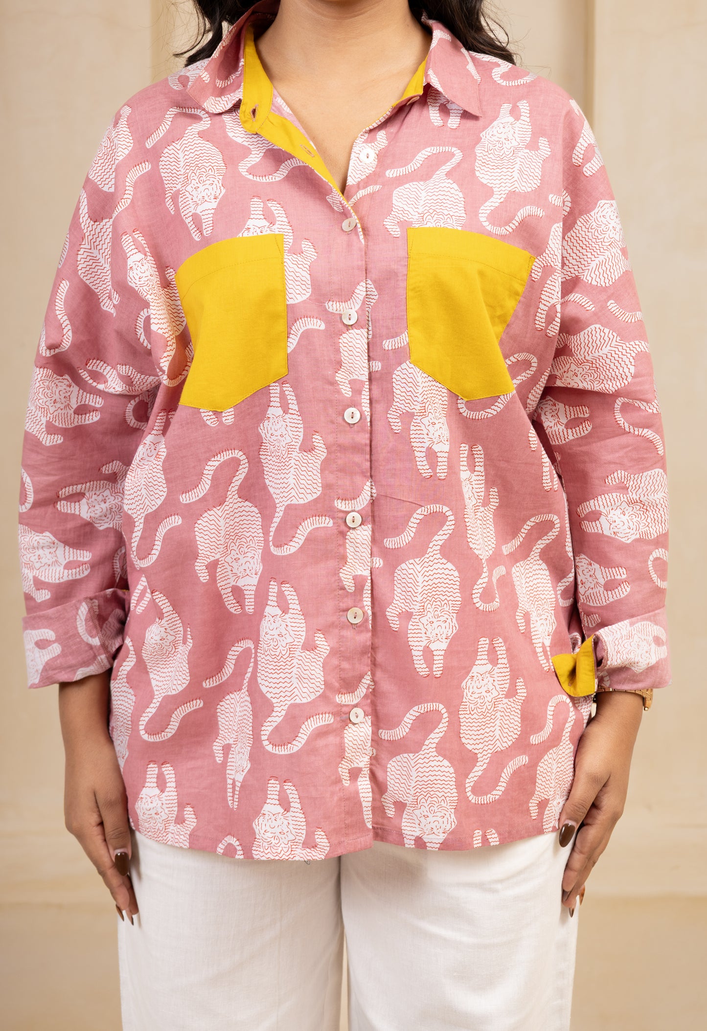 Pink Printed Shirt & White Pants Set