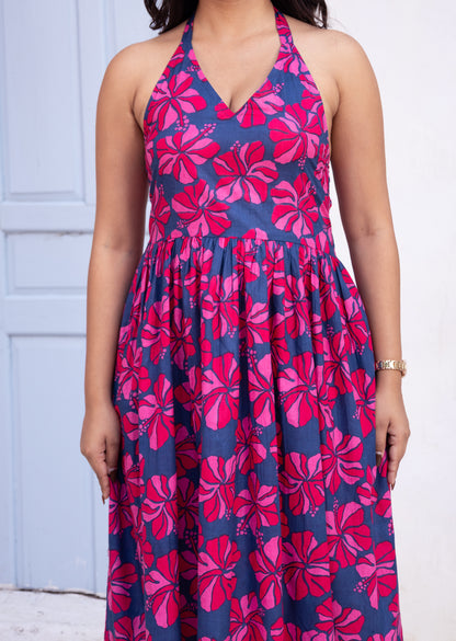 Floral Print Halter Neck Midi Dress
