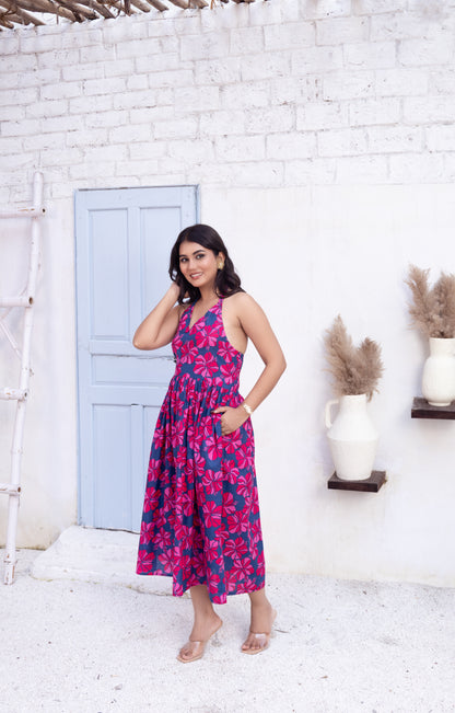 Floral Print Halter Neck Midi Dress