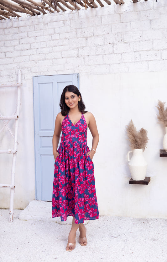 Floral Print Halter Neck Midi Dress