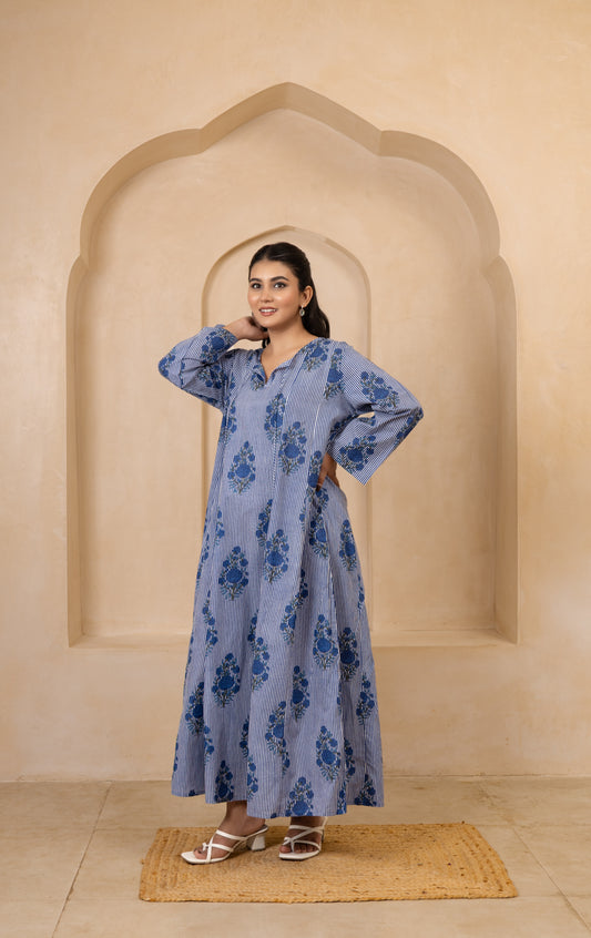 Blue Floral Printed Maxi Dress