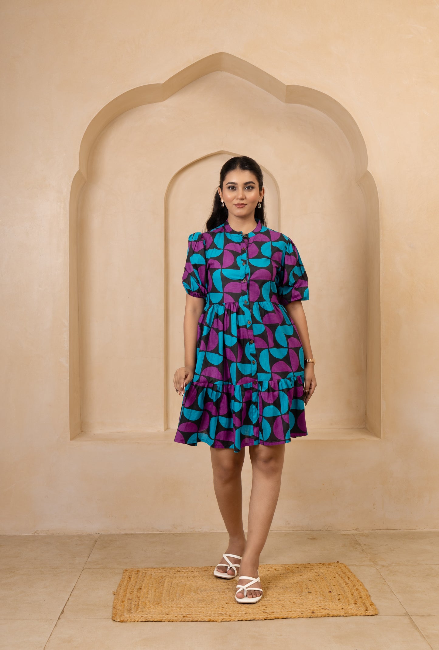 Geometric Print Button-Down Short Dress