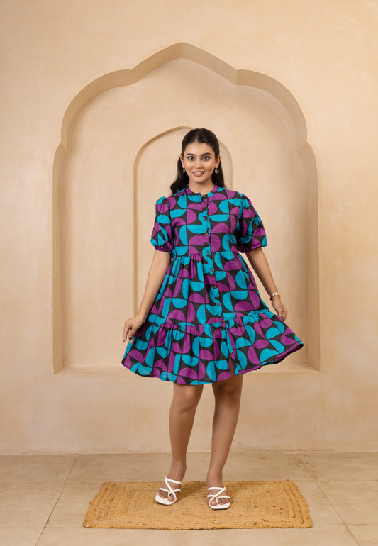 Geometric Print Button-Down Short Dress