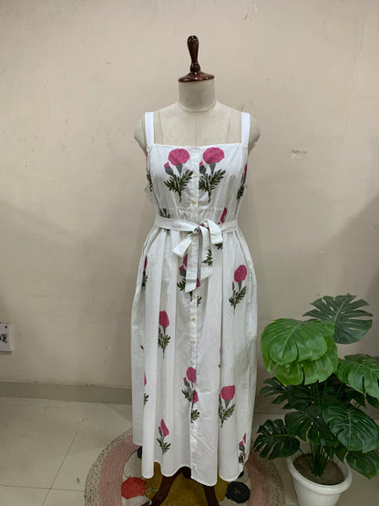 White Floral Print Button Midi Dress