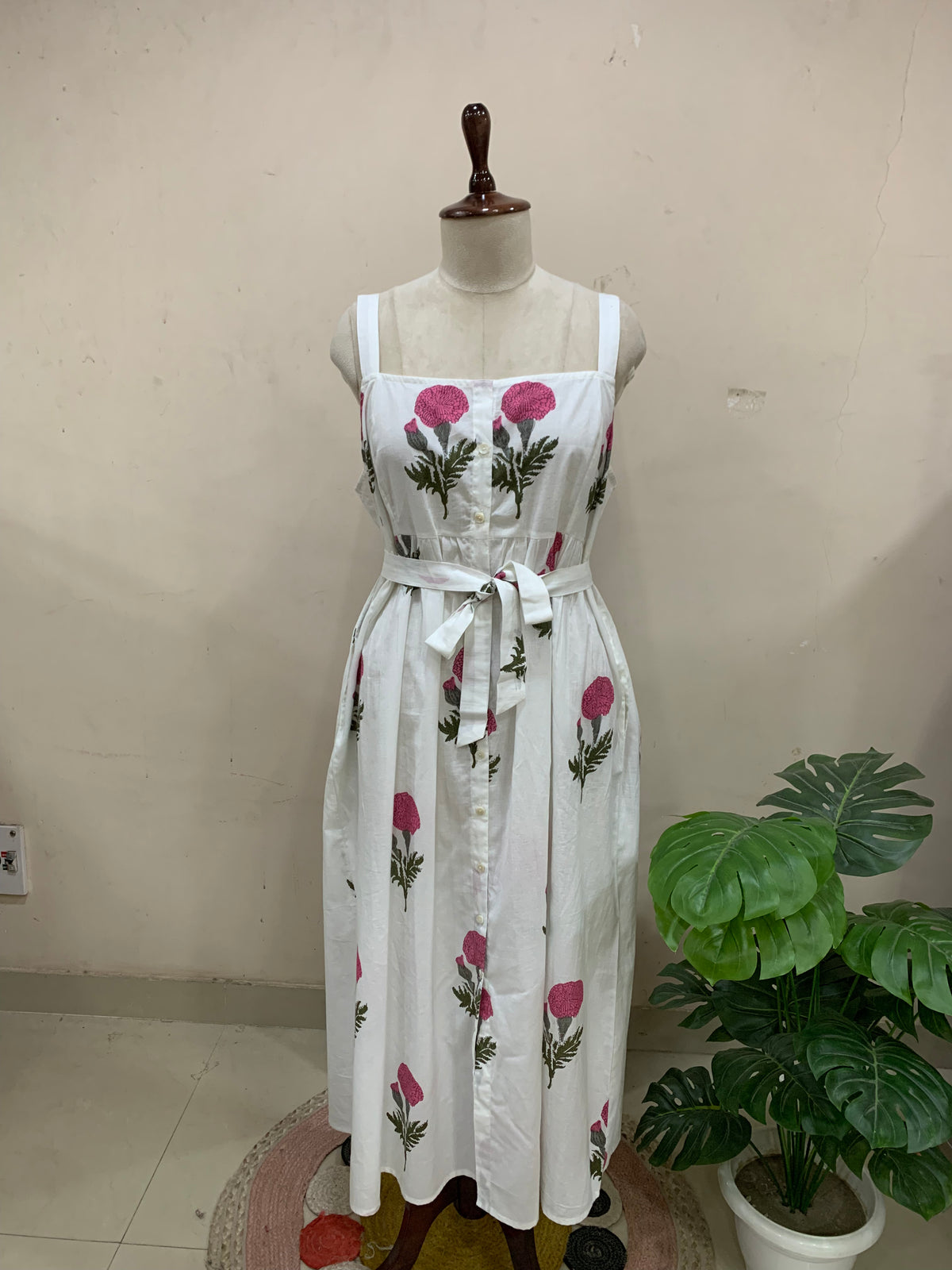 White Floral Print Button Midi Dress