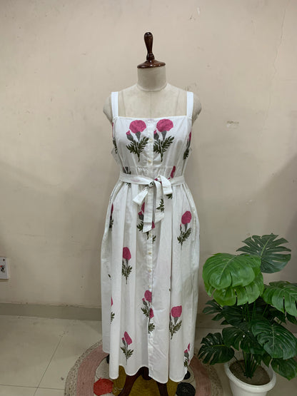 White Floral Print Button Midi Dress