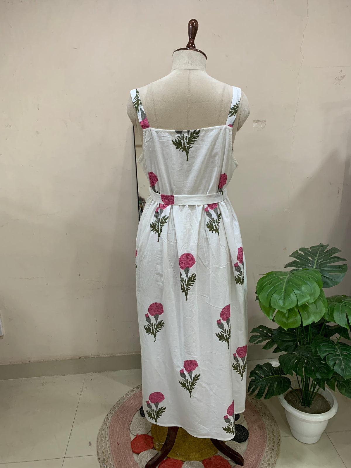 White Floral Print Button Midi Dress