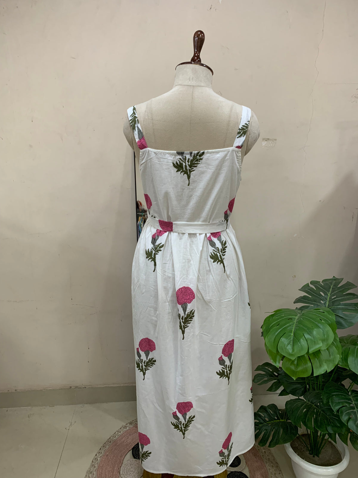 White Floral Print Button Midi Dress