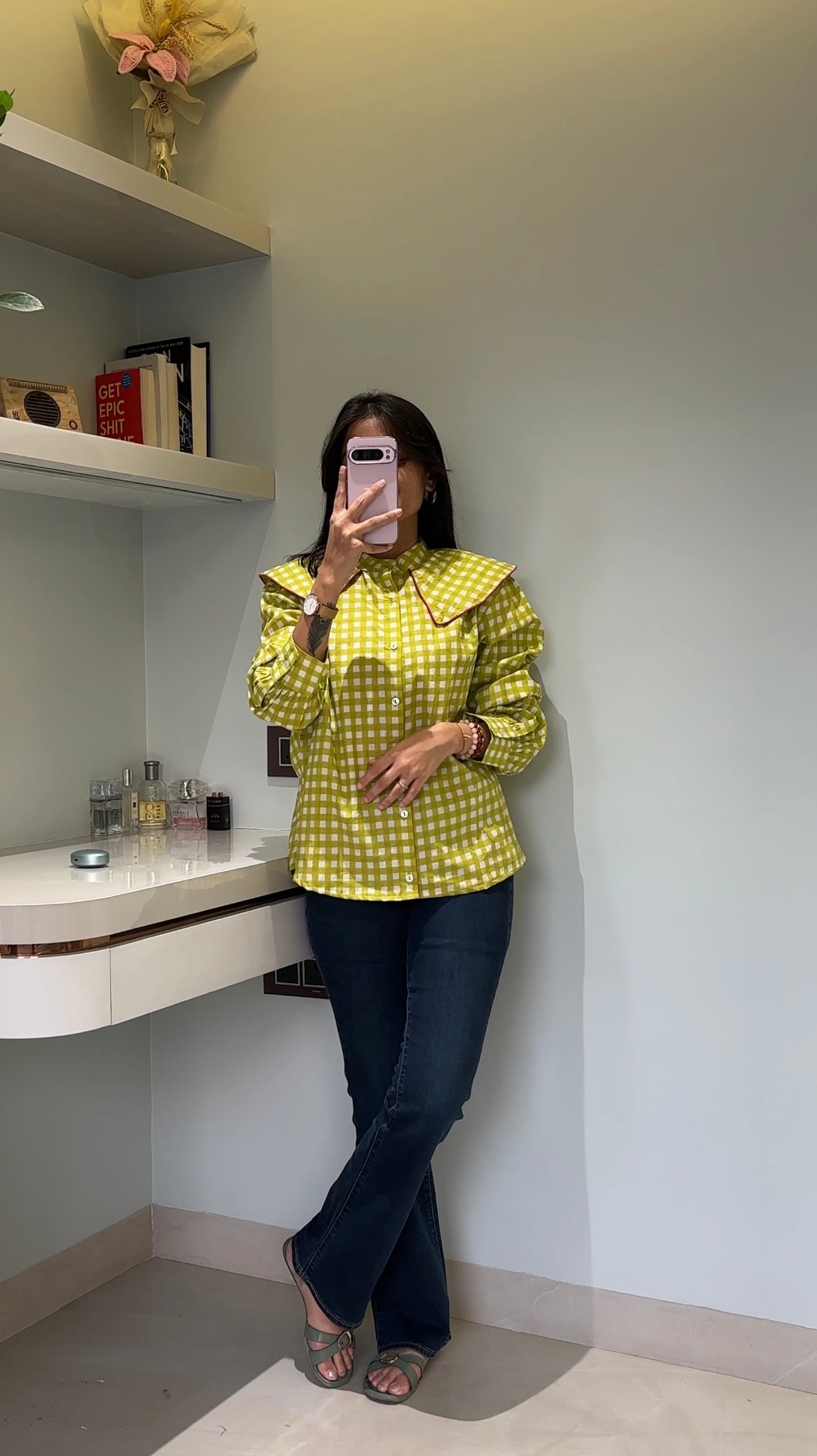 Lime Green Gingham Collar Shirt