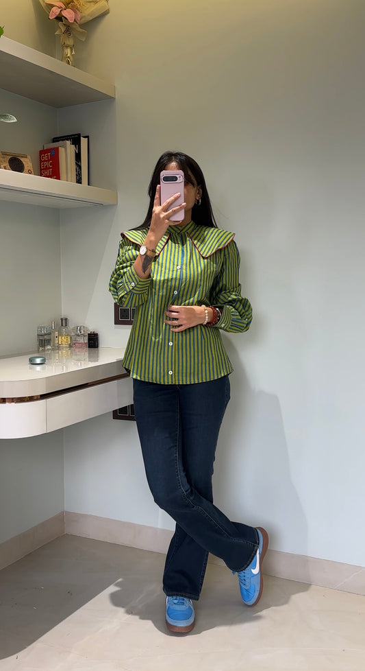 Green Striped Collar Shirt