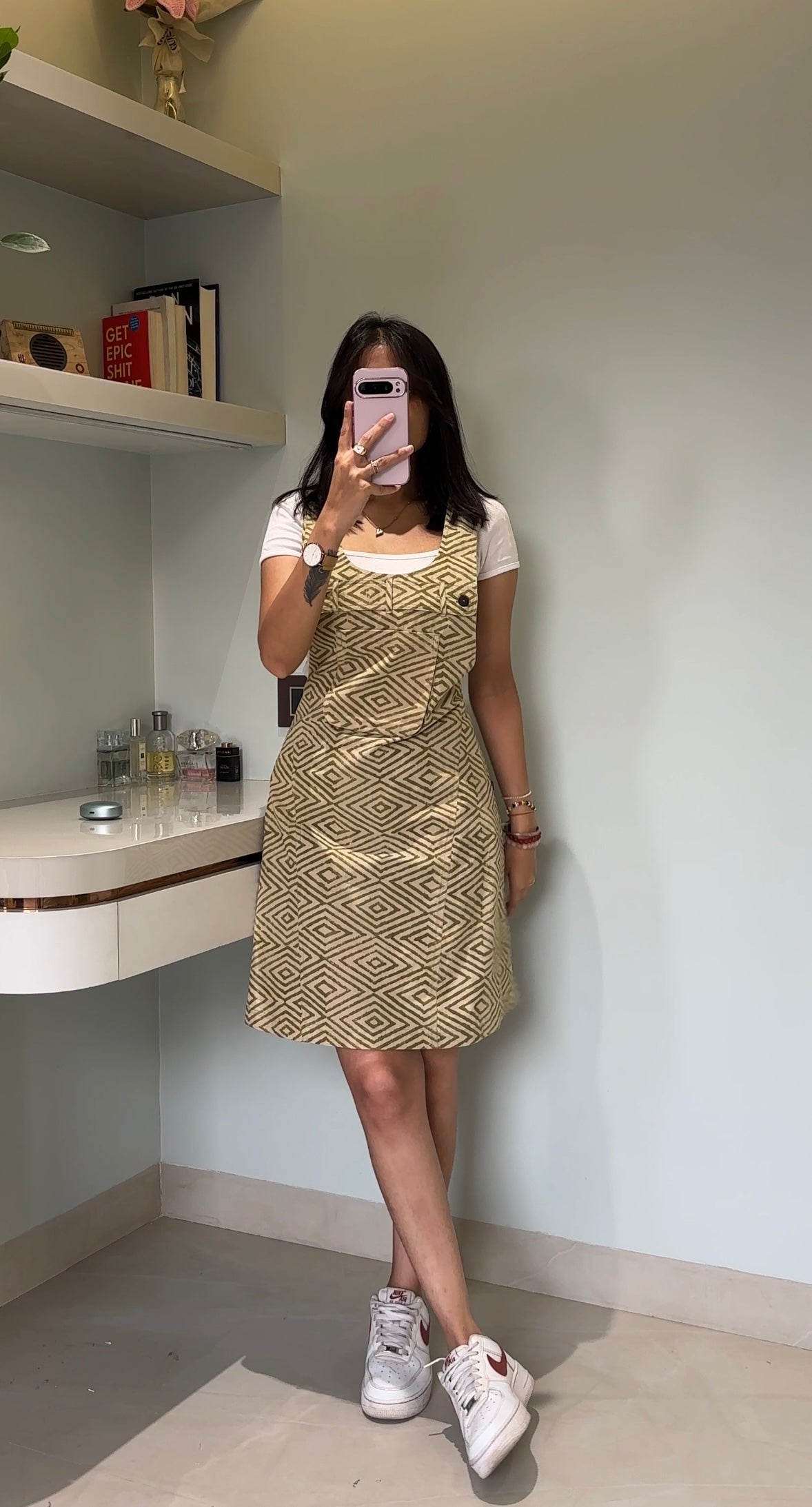 Olive Green Geometric Printed Dress