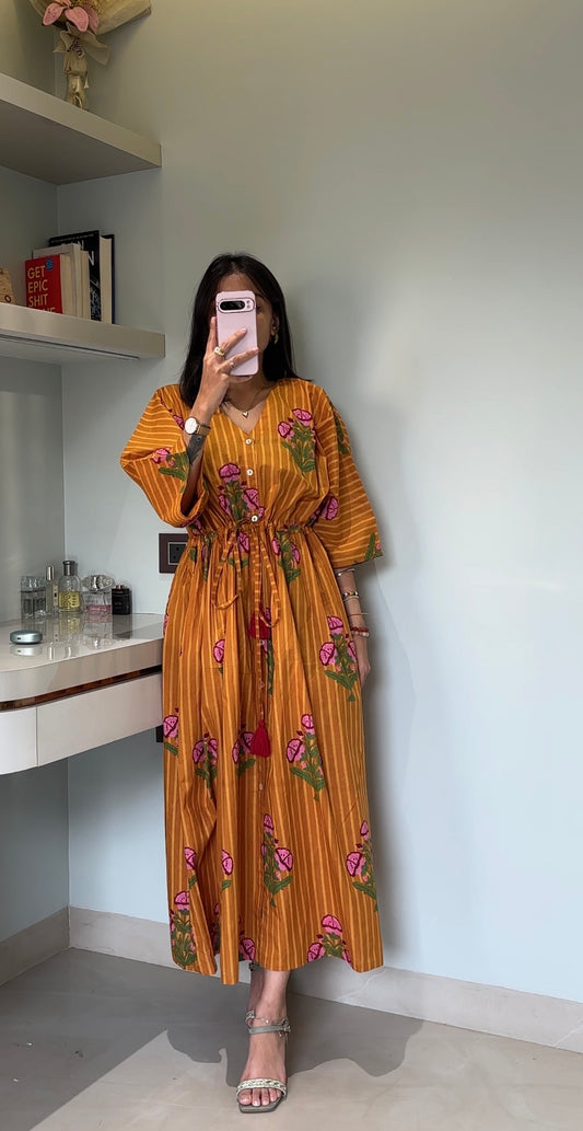 Mustard Floral Printed Kaftan Dress