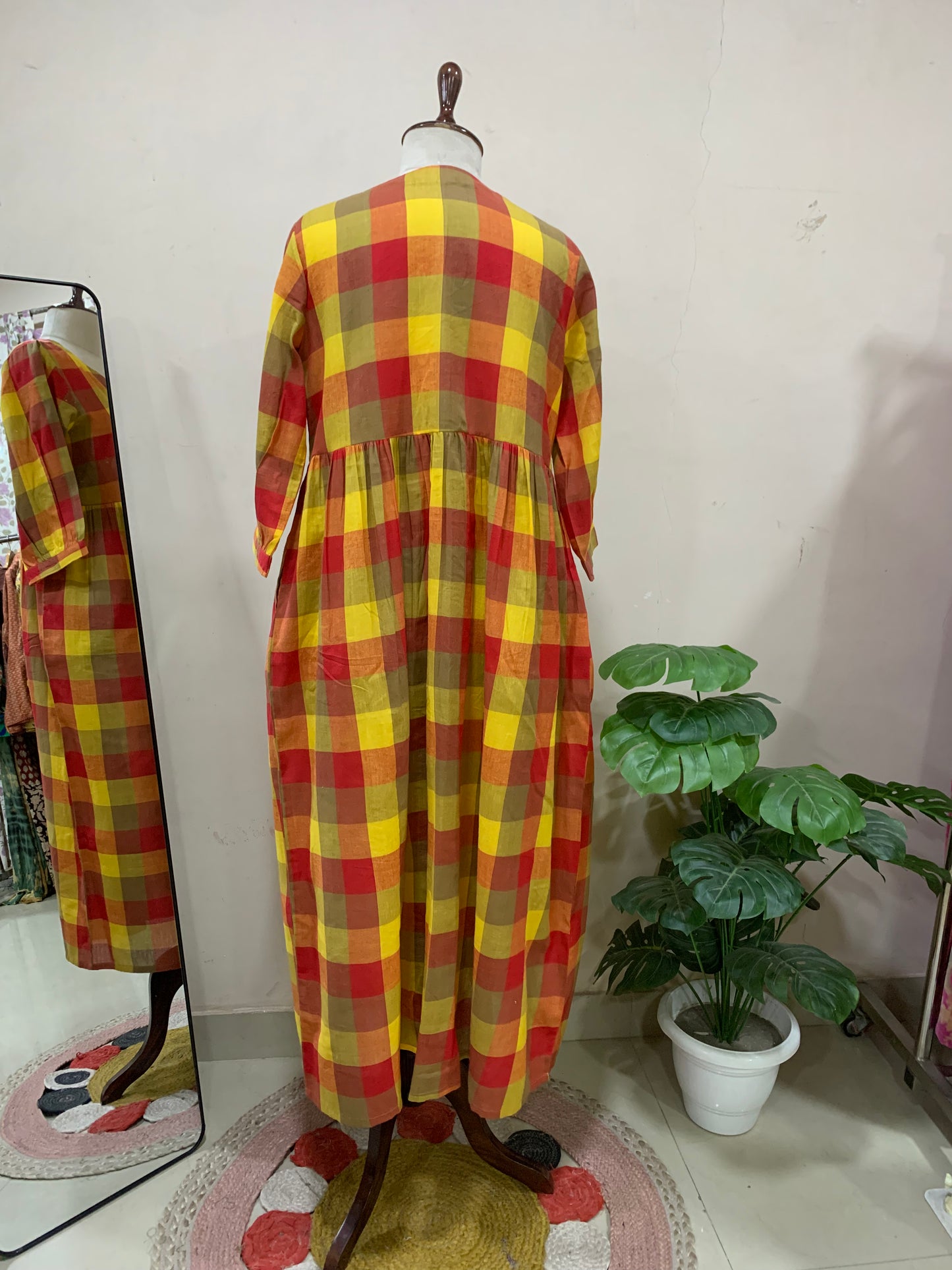 Multicolor Plaid Check V-Neck Maxi Dress