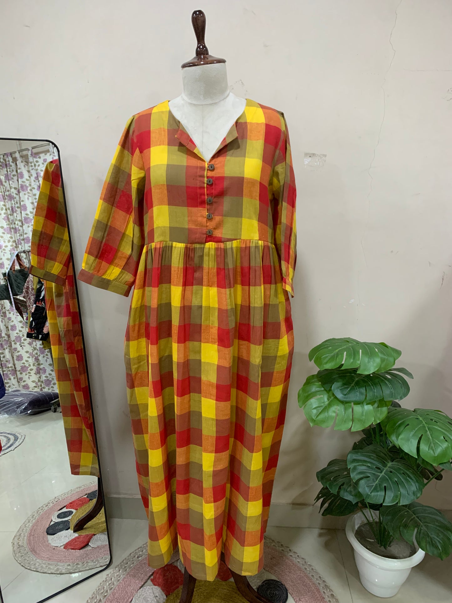 Multicolor Plaid Check V-Neck Maxi Dress