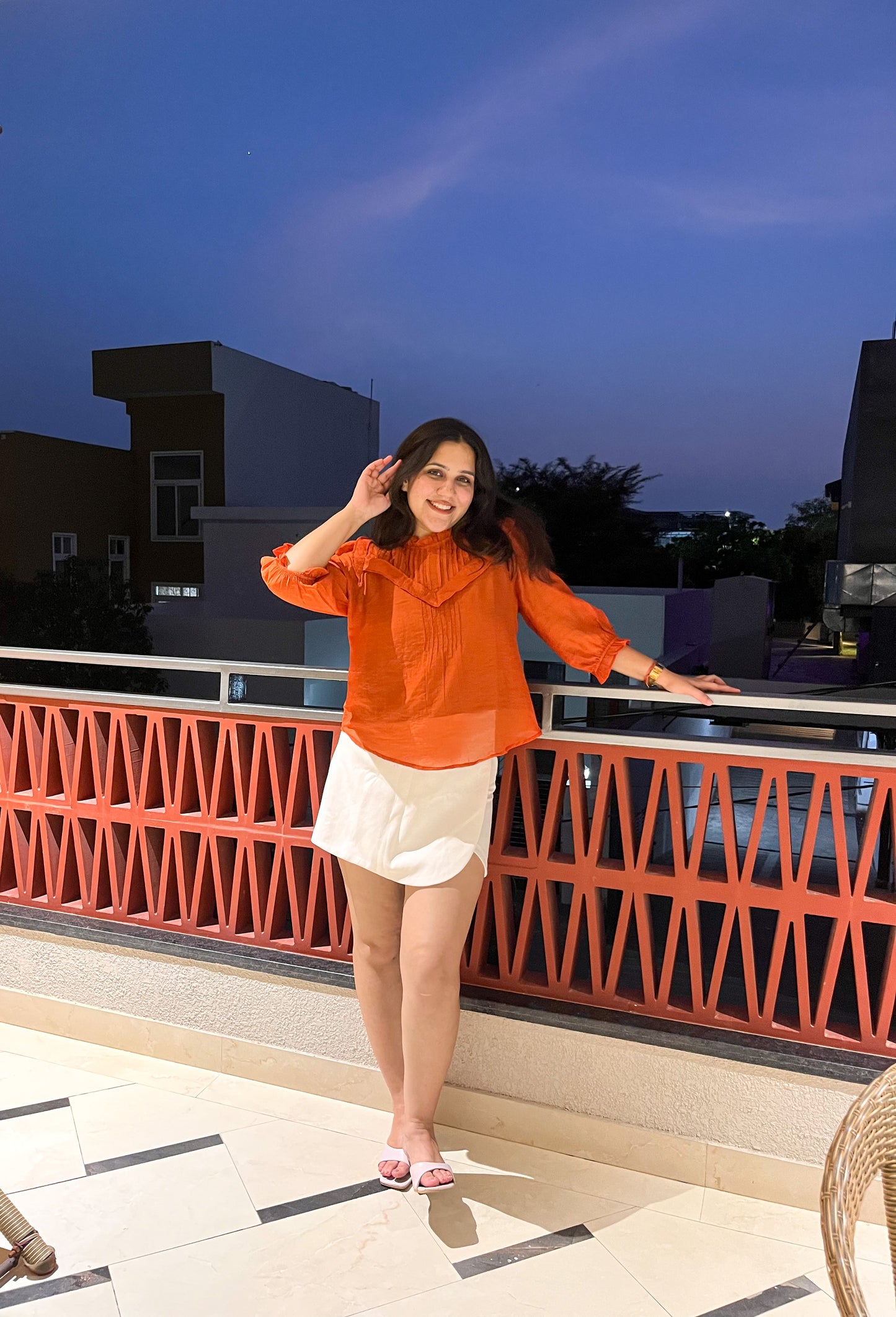 Orange Pleated Ruffle Sleeve Top