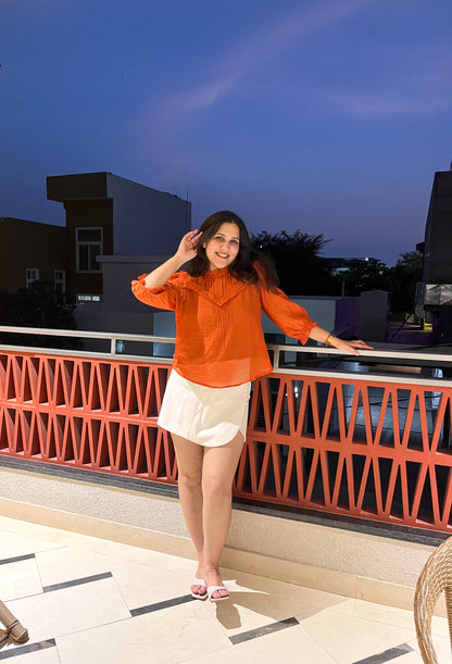 Orange Pleated Ruffle Sleeve Top