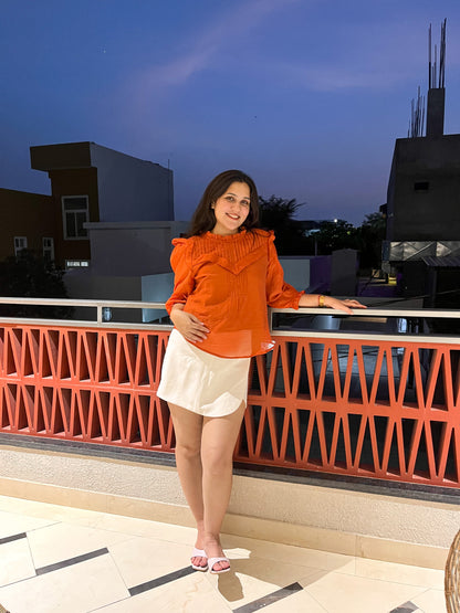 Orange Pleated Ruffle Sleeve Top