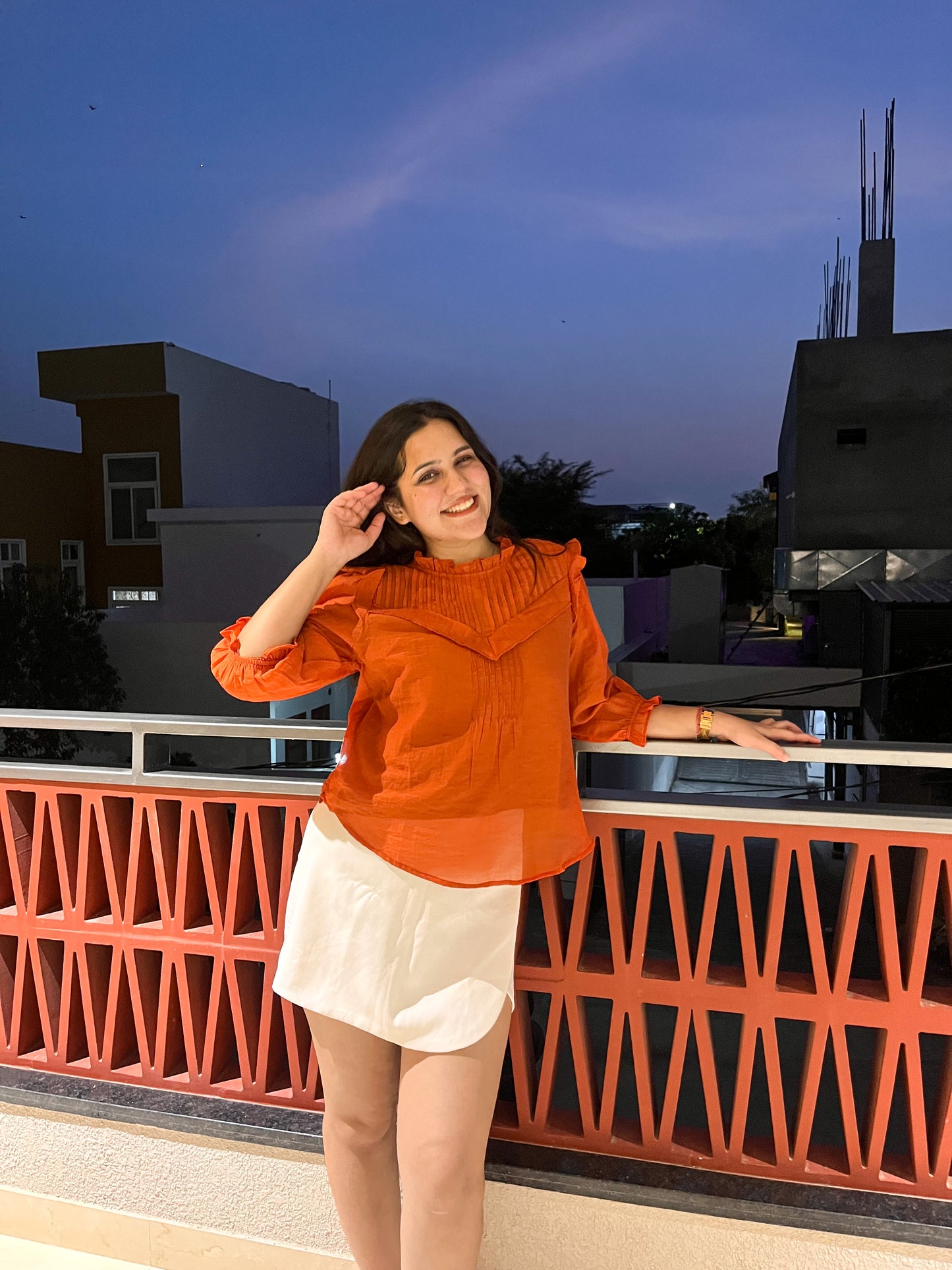 Orange Pleated Ruffle Sleeve Top