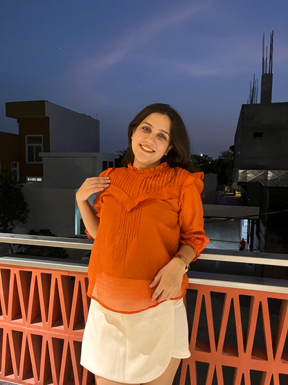 Orange Pleated Ruffle Sleeve Top