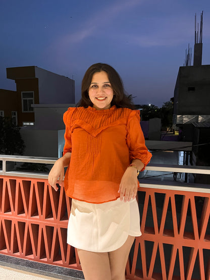 Orange Pleated Ruffle Sleeve Top