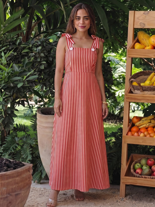 Red & White Vertical Striped Maxi Dress