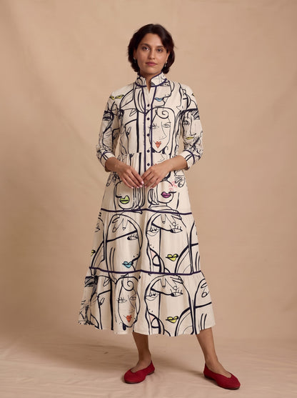 Off-White Abstract Art Printed Tiered Maxi Dress
