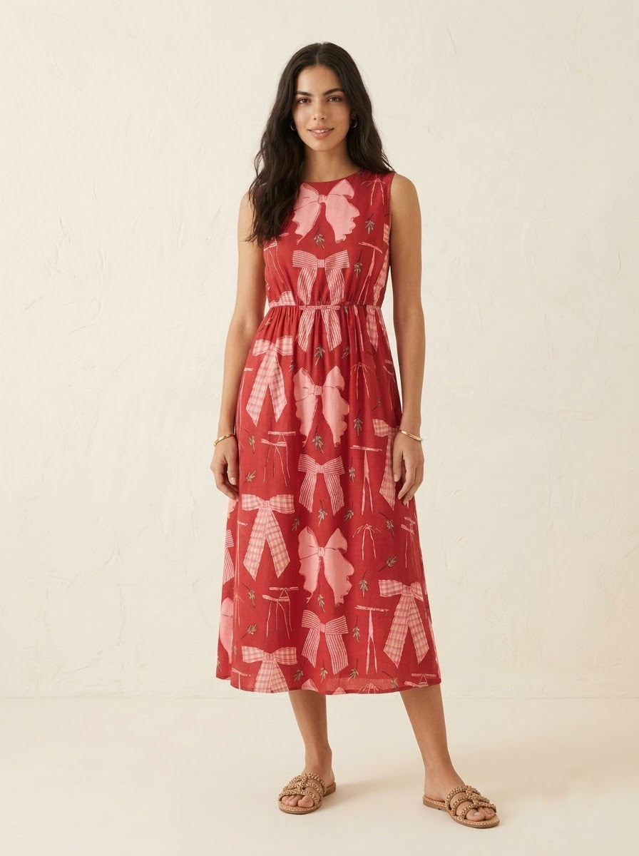 Red Ribbon Bow Printed Midi Dress