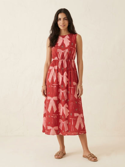 Red Ribbon Bow Printed Midi Dress