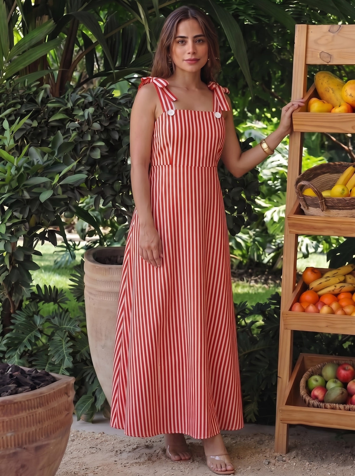 Red & White Vertical Striped Maxi Dress