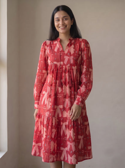 Red Ribbon Bow Printed Tiered Midi Dress