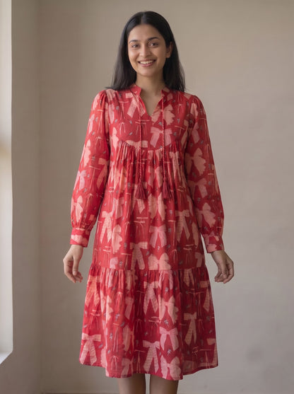 Red Ribbon Bow Printed Tiered Midi Dress