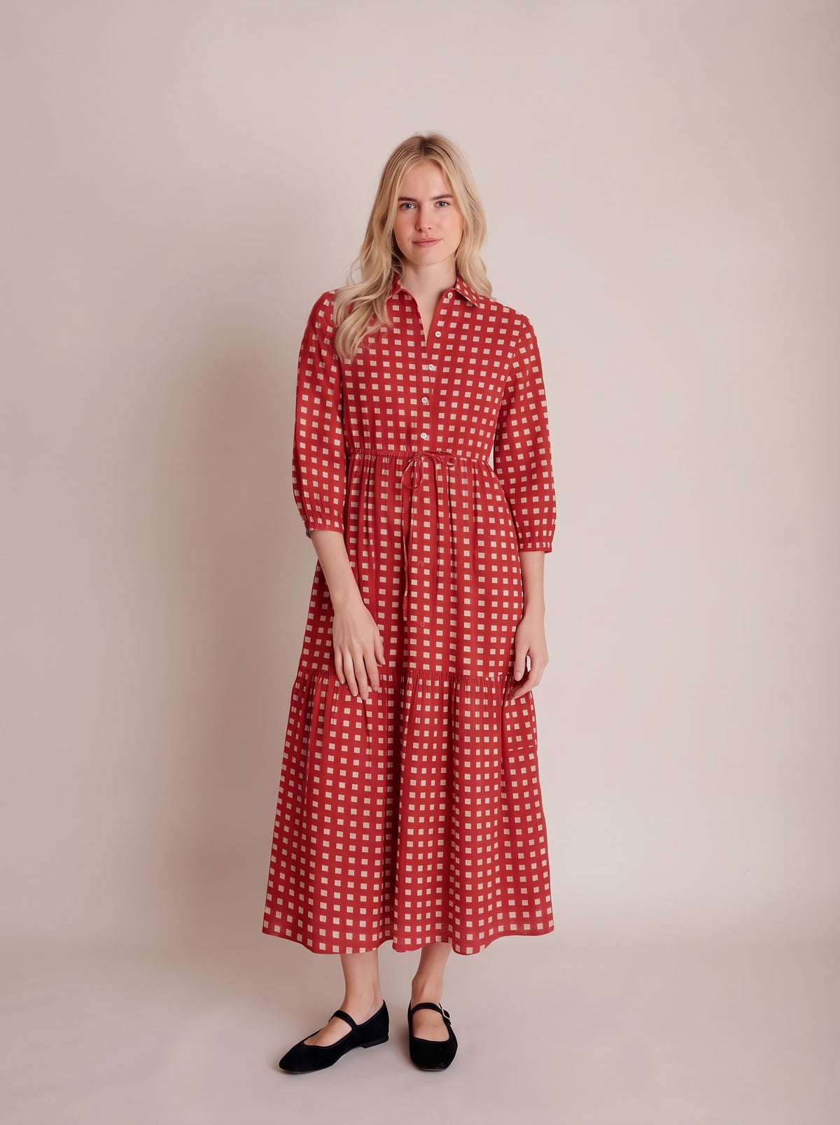 Rust Red Geometric Check Printed Maxi Dress
