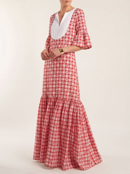 Red Heart Gingham Scalloped Maxi Dress