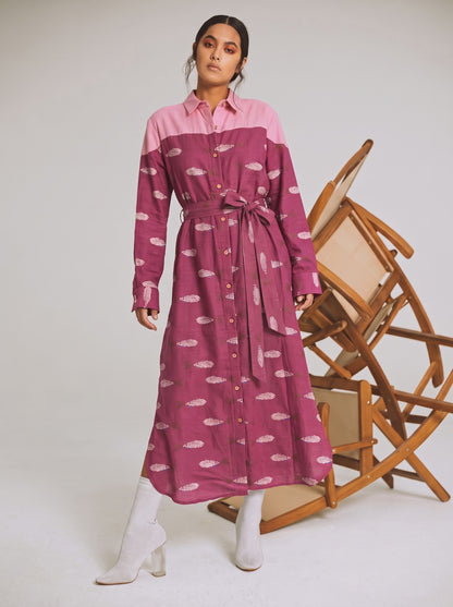 Magenta Button-Down Printed Belted Shirt Dress