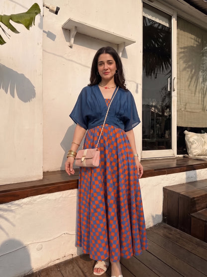 Rust & Blue Checkered Skirt Top Set