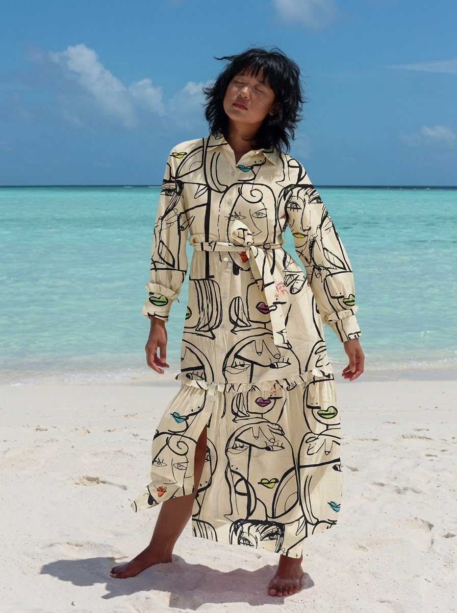 Beige Abstract Face Art Printed Maxi Dress