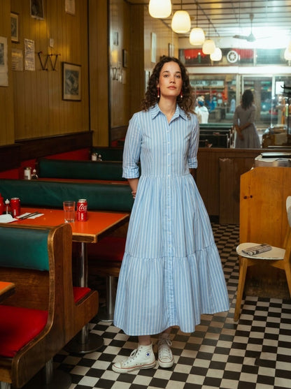 Sky Blue Striped Shirt Maxi Dress