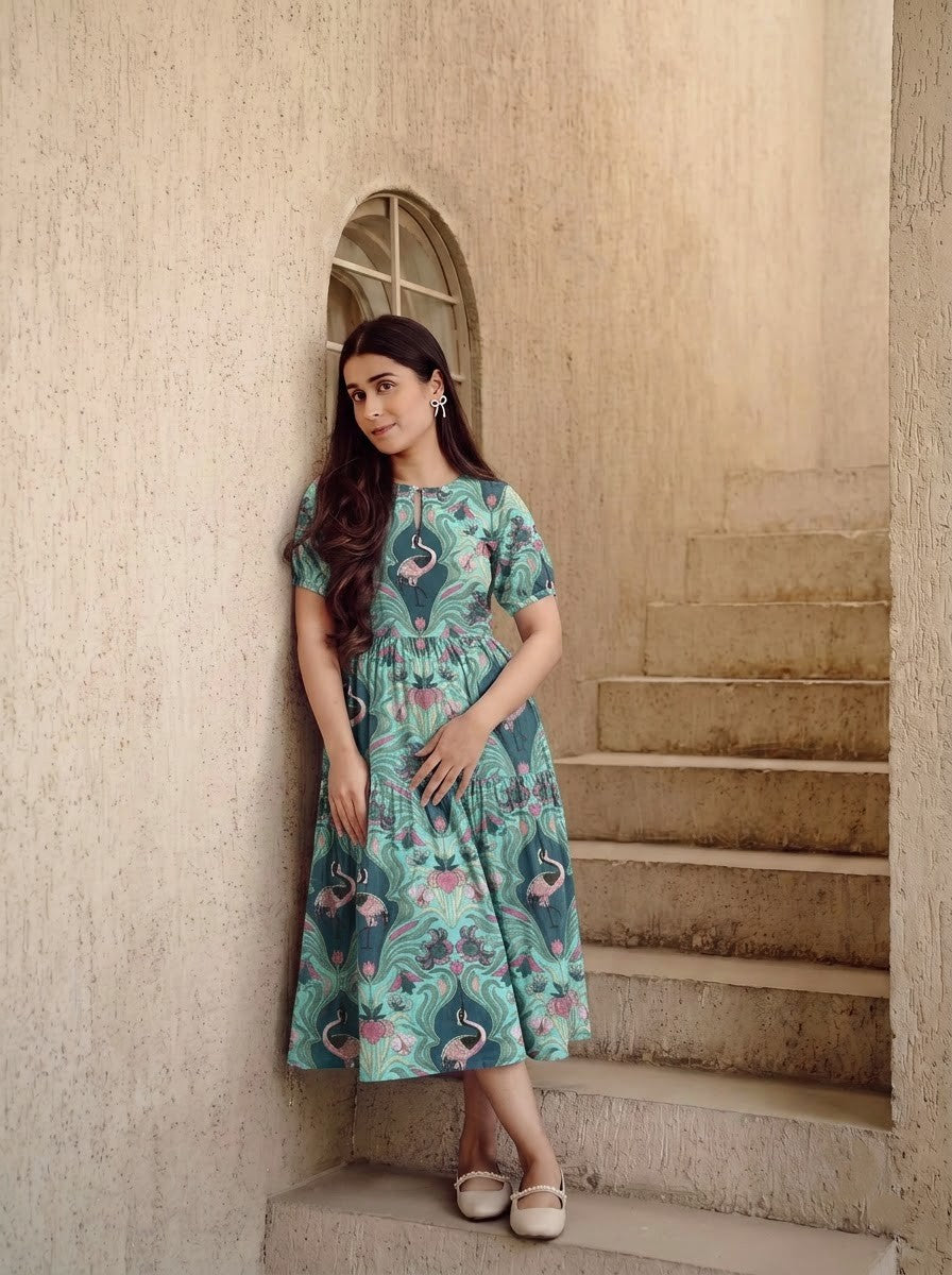 Sea Green Flamingo Print Tiered Midi Dress