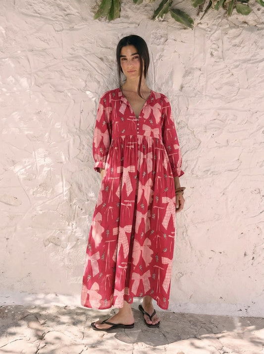Pink & Red Ribbon Bow Printed Maxi Dress