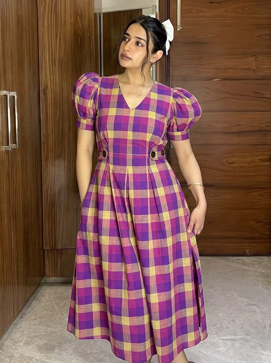 Multi-Color Plaid Check V-Neck Midi Dress