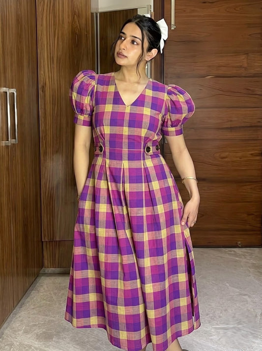 Multi-Color Plaid Check V-Neck Midi Dress