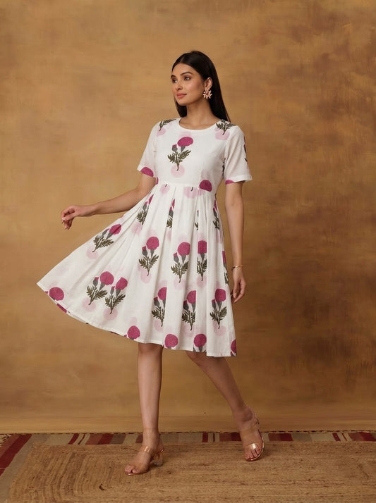 White & Pink Floral Block Printed Dress