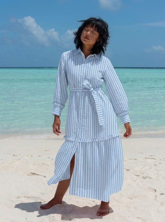 Sky Blue & White Vertical Striped Midi Dress