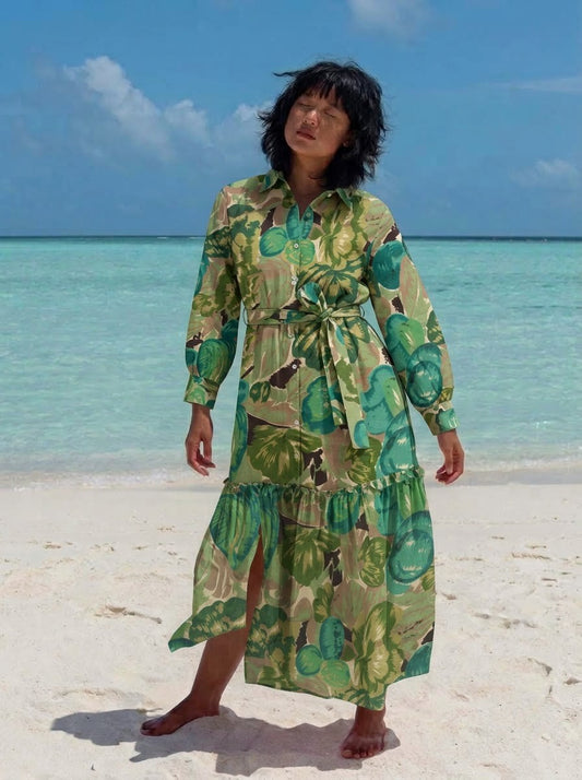 Olive & Emerald Green Tropical Printed Midi Dress