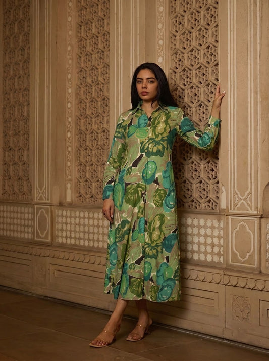 Olive & Emerald Green Floral Printed Maxi Dress